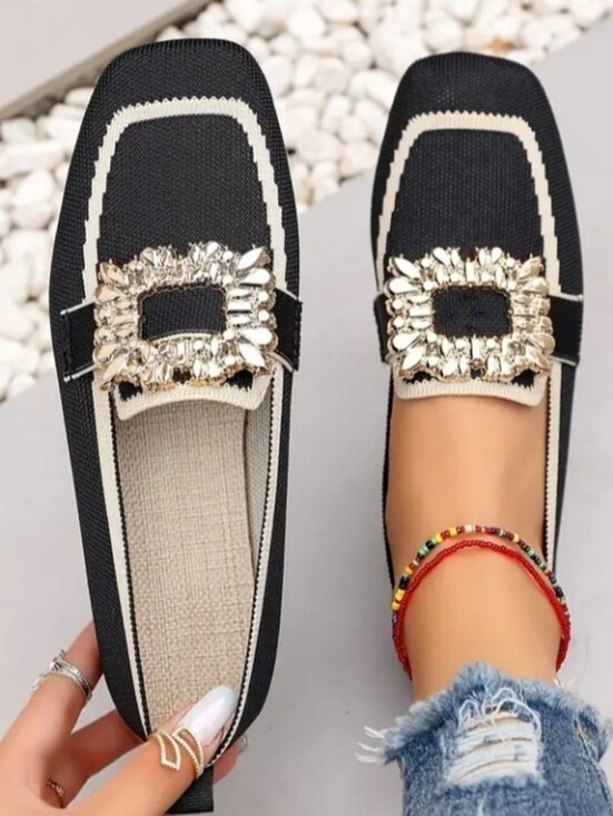 Shoes - Golden Square Buckle Women'S Loafers - Square Toe Slip-On Shoes, Black